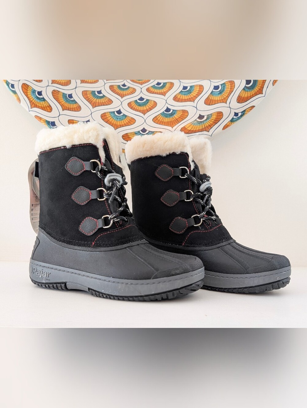 Pajar Kids Black Winter Lace-Up Boots with Shearling Collar